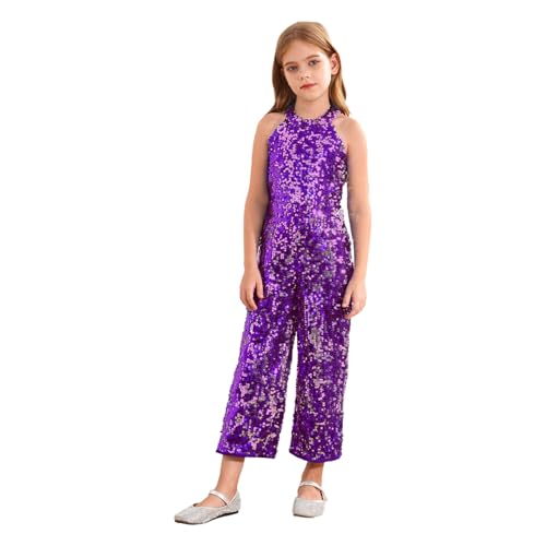 Sywiyi Mädchen Glitzer Jumpsuit Lang Neckholder Hosenanzug Playsuit Einteiler Gymnastikanzug Disco Mottoparty Tanz Kostüm Violett 134-140 von Sywiyi