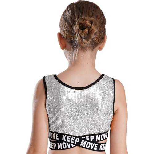 Sywiyi Mädchen Glitzer Oberteil Tank Top Kurz Bustier Weste Ärmellos Tops Paillettenoberteil Hip Hop Jazz Disco Tanz Kleidung Silber 134-140 von Sywiyi