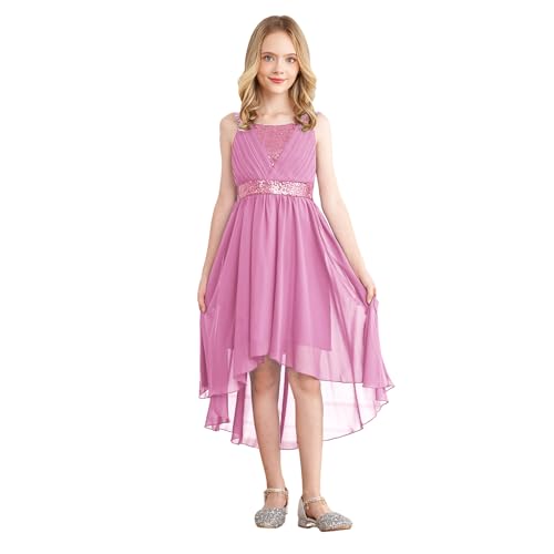 Sywiyi Mädchen Hochzeit Blumenmädchenkleid Festlich Ärmellos Partykleid mit Glitzern Vokuhila Kleider Kinder Kommunion Geburtstag Outfit Rosa 134-140 von Sywiyi