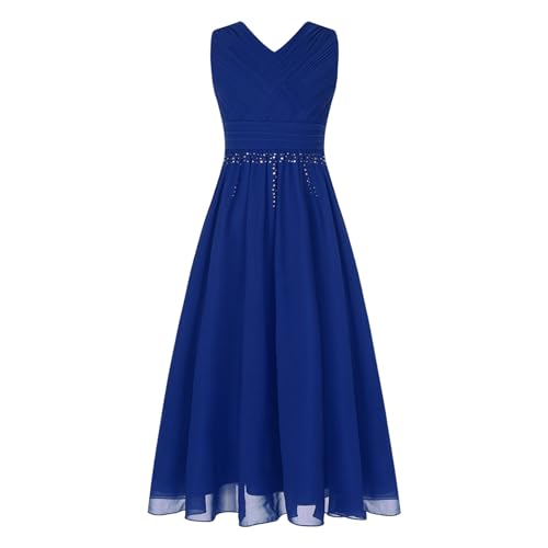 Sywiyi Mädchen Hochzeitskleid Lange Festlich Partykleid Blumenmädchenkleid Ärmellos V-Ausschnitt Ballkleid mit Glitzern Elegant Festzug Blau 122-128 von Sywiyi