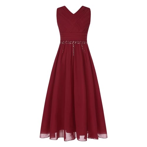 Sywiyi Mädchen Hochzeitskleid Lange Festlich Partykleid Blumenmädchenkleid Ärmellos V-Ausschnitt Ballkleid mit Glitzern Elegant Festzug Burgundy 158-164 von Sywiyi