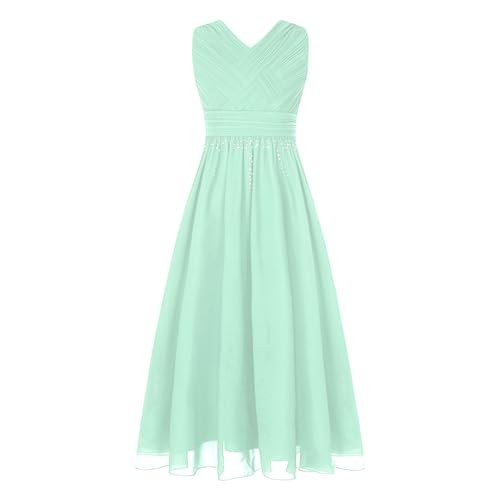 Sywiyi Mädchen Hochzeitskleid Lange Festlich Partykleid Blumenmädchenkleid Ärmellos V-Ausschnitt Ballkleid mit Glitzern Elegant Festzug Mintgrün 134-140 von Sywiyi
