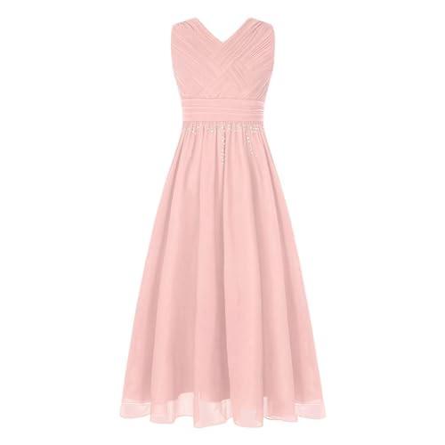Sywiyi Mädchen Hochzeitskleid Lange Festlich Partykleid Blumenmädchenkleid Ärmellos V-Ausschnitt Ballkleid mit Glitzern Elegant Festzug Rosa 146-152 von Sywiyi