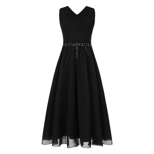 Sywiyi Mädchen Hochzeitskleid Lange Festlich Partykleid Blumenmädchenkleid Ärmellos V-Ausschnitt Ballkleid mit Glitzern Elegant Festzug Schwarz 158-164 von Sywiyi