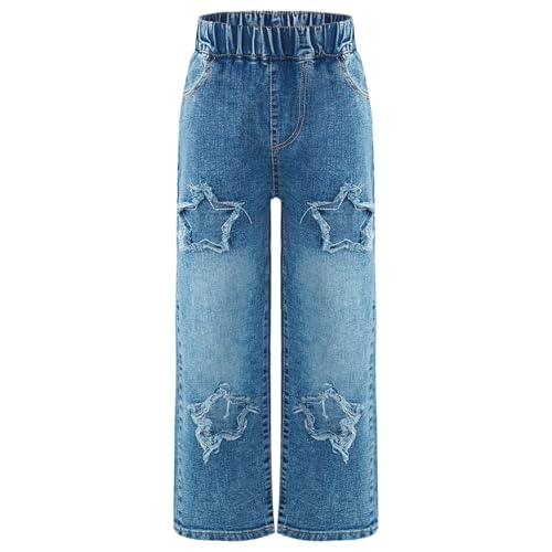 Sywiyi Mädchen Jeanshose Lang Weite Geschnitten Demin Hose Pants Freizeithose mit Gummizug Kinder Casual Freizeit Outfit Typ A 110-116 von Sywiyi