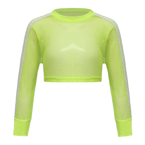 Sywiyi Mädchen Langarmshirt Crop Top Kurz Bauchfrei Sportshirt Mesh Oberteil Sweatshirt ohne Kapuze Kinder Sport Workout Fitness Outfit Neon Grün 146-152 von Sywiyi