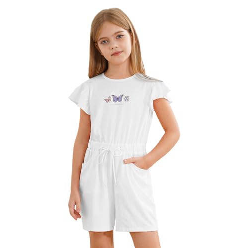 Sywiyi Mädchen Sommer Jumpsuit Kurz Hosenanzug Playsuit Einteiler Rompler mit Kordelzug Rüschen Kinder Casual Freizeit Kleidung Elfenbein 158-164 von Sywiyi