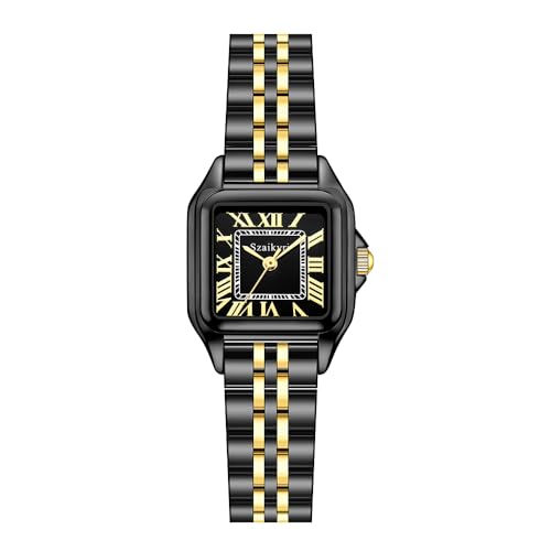 Szaikyri Klassisches Quadrat Damenuhr mit römischen Ziffern Damenkleiduhren Armbanduhr Damen (Gold and Black) von Szaikyri