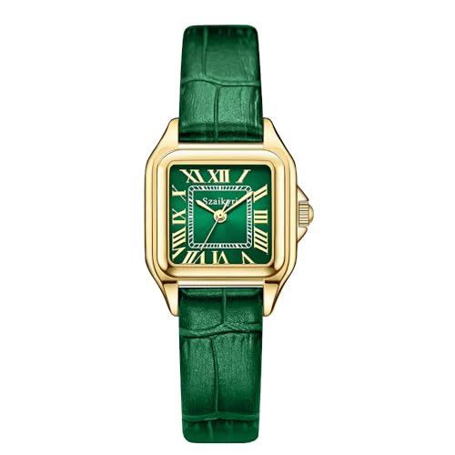 Szaikyri Klassisches Quadrat Damenuhr mit römischen Ziffern Damenkleiduhren Armbanduhr Damen (Green-Gold) von Szaikyri