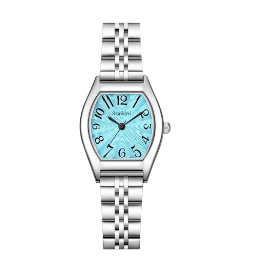 Szaikyri Rechteck Damenuhr mit Arabischen Ziffern Zahlen Damenkleiduhr Armbanduhr Damen (Blue-Silver) von Szaikyri