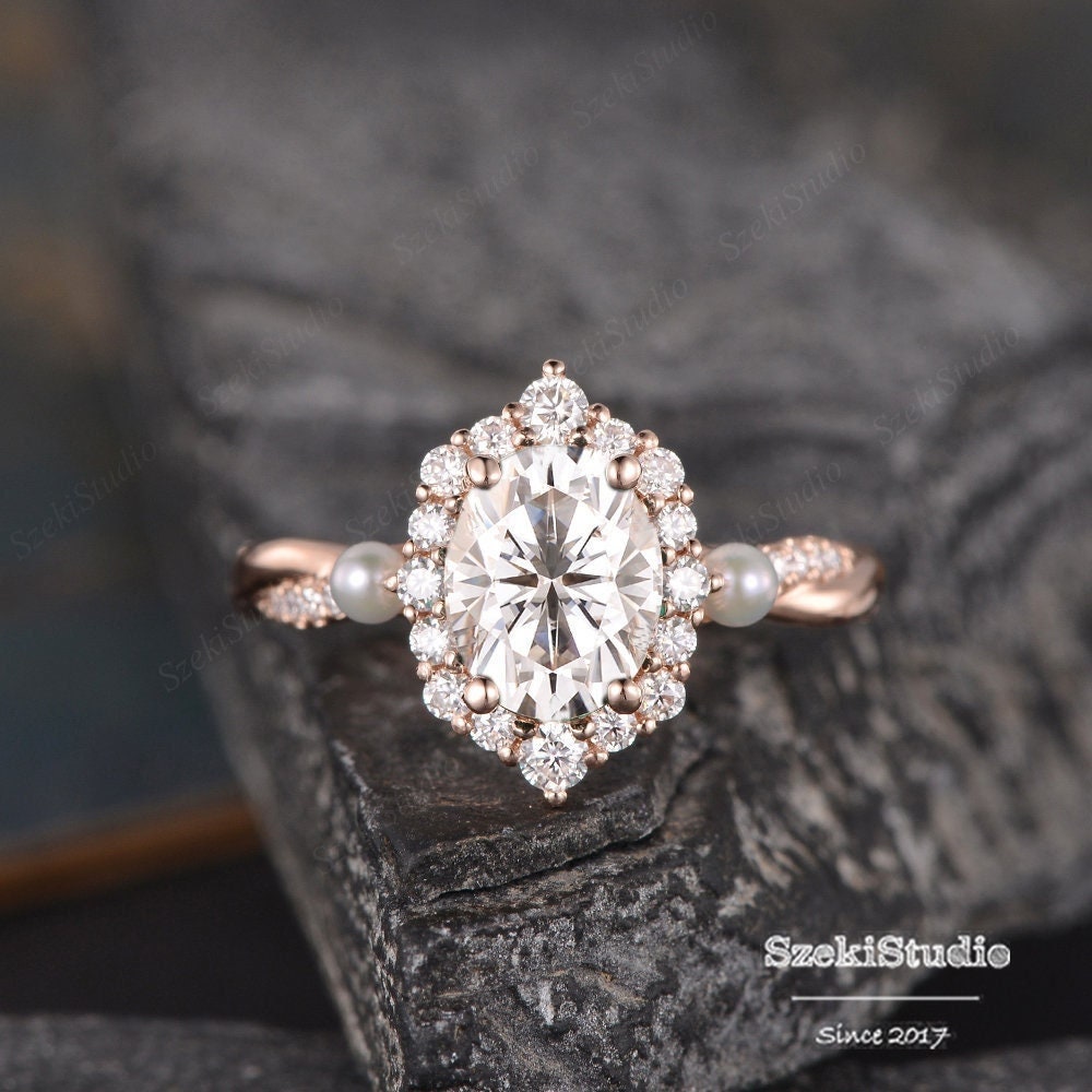 1.5Ct Oval Moissanit Verlobungsring Halo Cluster Ehering Vintage Infinity Ring Rose Gold 6x8mm Farbloser von SzekiStudio