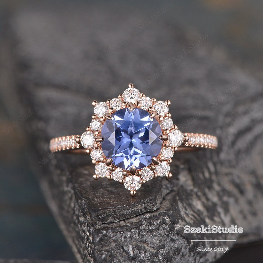 1Ct Saphir Ring Für Frauen Vintage Einzigartiger Halo Cluster Lavendel September Geburtsstein Verlobungsring Rosegold Peekaboo Stein von SzekiStudio