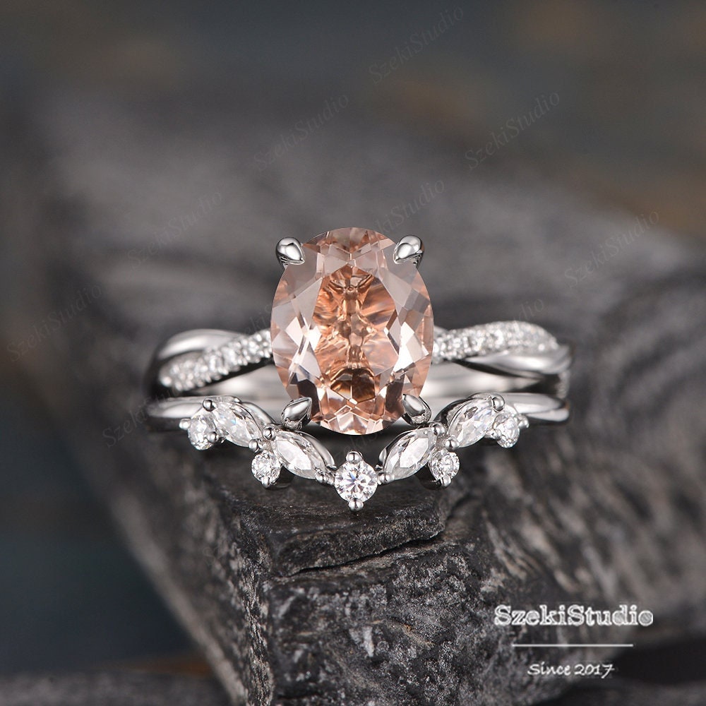 2Ct Natürliche Morganit Verlobungsring Set Peachy Stein Braut Infinity Ehering Twist Solitär Cluster Ring Matching von SzekiStudio