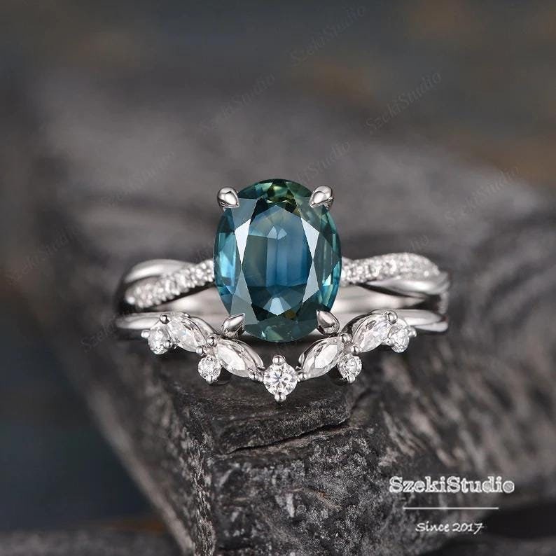 2Ct Natürliche Teal Saphir Verlobungsring Set 14K Grüner Braut Unendlich Hochzeit Ring Twist Solitär Cluster von SzekiStudio