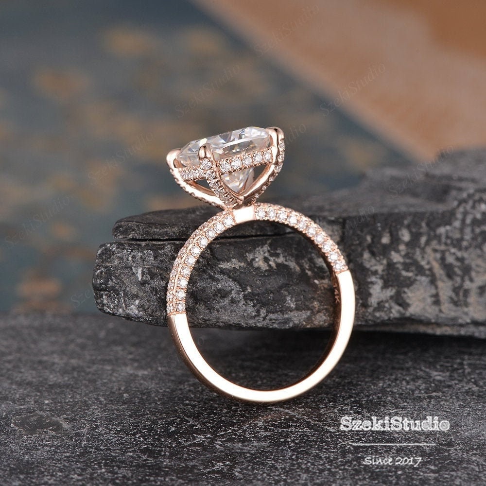 3Ct Kissenschliff Moissanit Verlobungsring Versteckter Halo Ring Roségold Antik Diamant Ehering Braut Jubiläumsring von SzekiStudio