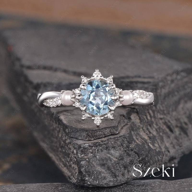 Aquamarin Verlobungsring Rosegold Infinity Hochzeit Band Akoya Perle Geburtsstein Juni Brautring Diamant Frauen Jahrestag Geschenk Für Sie von SzekiStudio