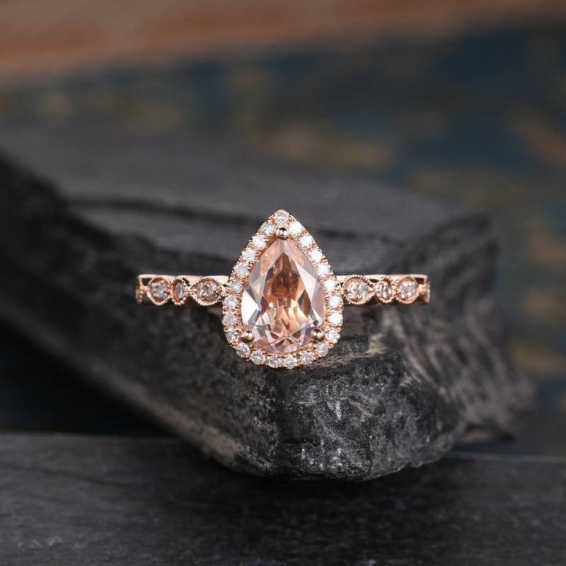 Art Deco Morganit Verlobungsring Rose Gold Birnenförmigen Ring Tropfen Jahrestag Geschenk Diamant Hochzeitsring Frauen Zierlicher von SzekiStudio