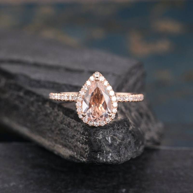 Birnenförmige Morganit Ring Roségold Verlobungsring Hochzeit Halo Diamant Halbe Ewigkeit Band Frauen Tropfen Jubiläum Geschenk von SzekiStudio