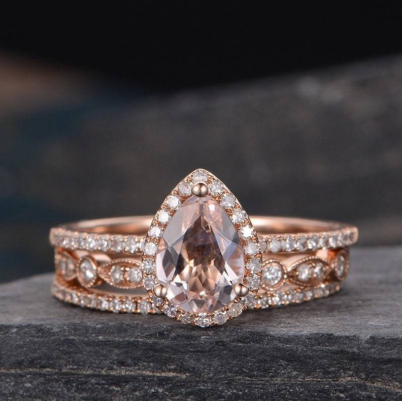 Birnenförmige Morganit Verlobungsring Braut Set Rosegold Stapeln Diamant Eheringe Einzigartige 3St Art Deco Jahrestag Geschenk Frauen von SzekiStudio