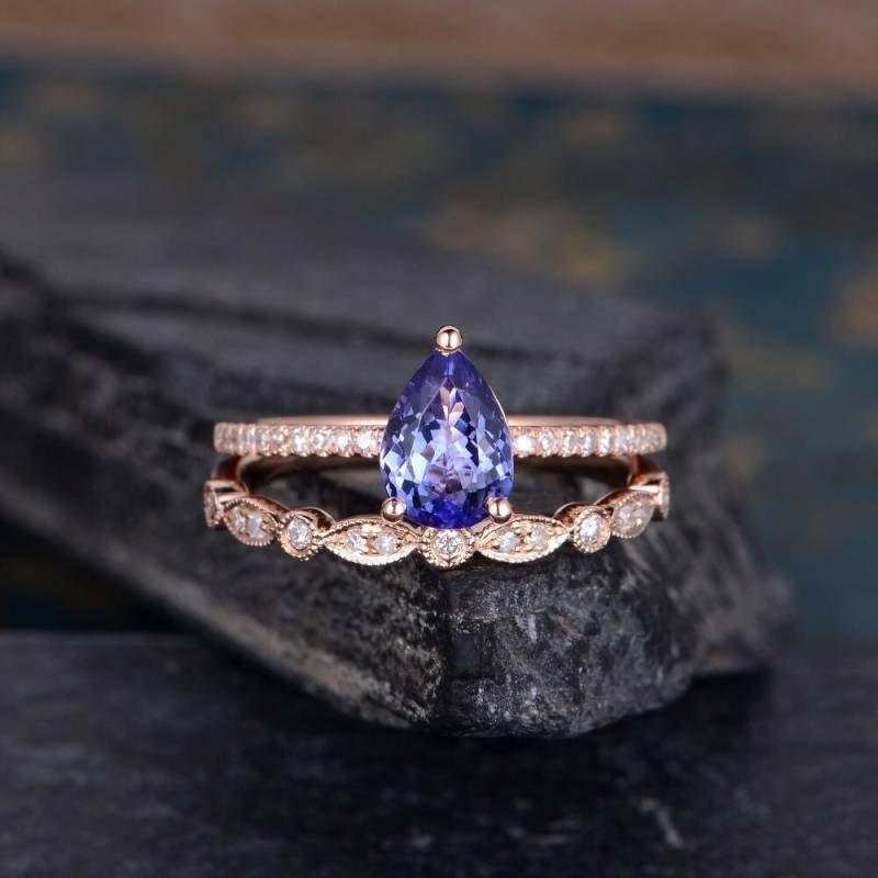 Birnenförmige Tansanit Verlobungsring Rose Gold Braut Set Solitär Halb Eternity Diamant Art Deco Jahrestag Frauen Retro Versprechen Custom von SzekiStudio