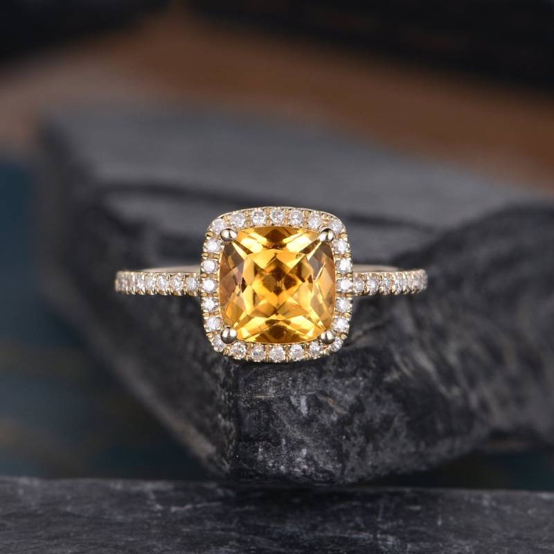 Citrin Verlobungsring Gelbgold Kissenschliff Frauen Diamant Birthstone Halo Halbe Ewigkeit Jahrestag Geschenk Ring Versprechen Hochzeit Braut von SzekiStudio