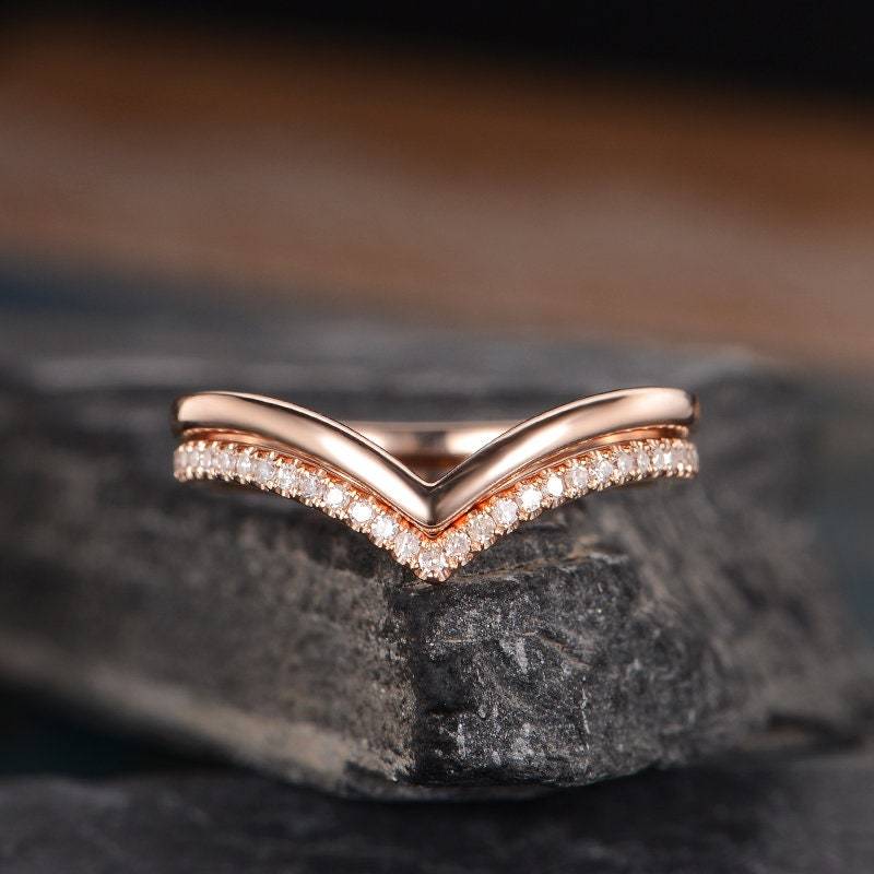 Ehering Set Rose Gold Frauen Diamant Ring Gebogener Chevron Passende Band Versprechen Jahrestag Stapeln Brautring Schlicht 2Stk von SzekiStudio