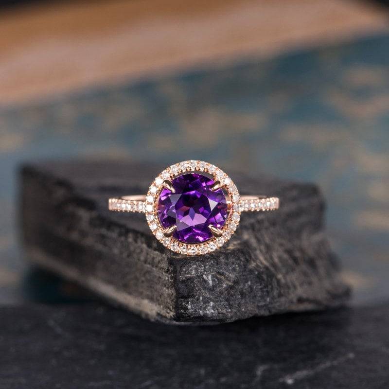 Halo Amethyst Verlobungsring Rosegold Diamant Band Halbe Ewigkeit Geburtsstein Trauring Braut Jahrestag Frauen Geschenk Versprechen von SzekiStudio