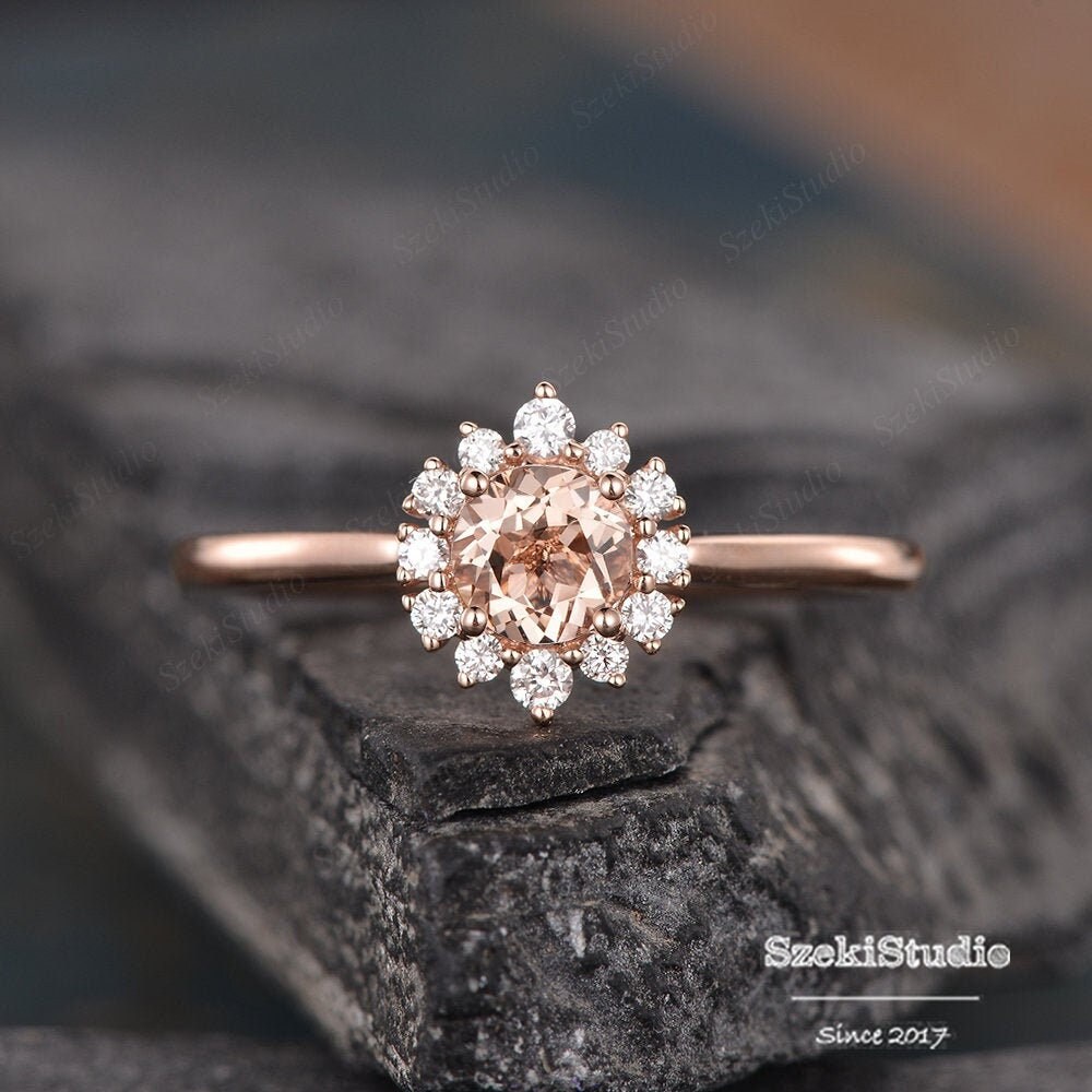 Halo Morganit Verlobungsring Rose Gold Ehering Frauen Diamant Eternity Blume Floral Versprechen Brautring Zierliches Geschenk Für Sie von SzekiStudio