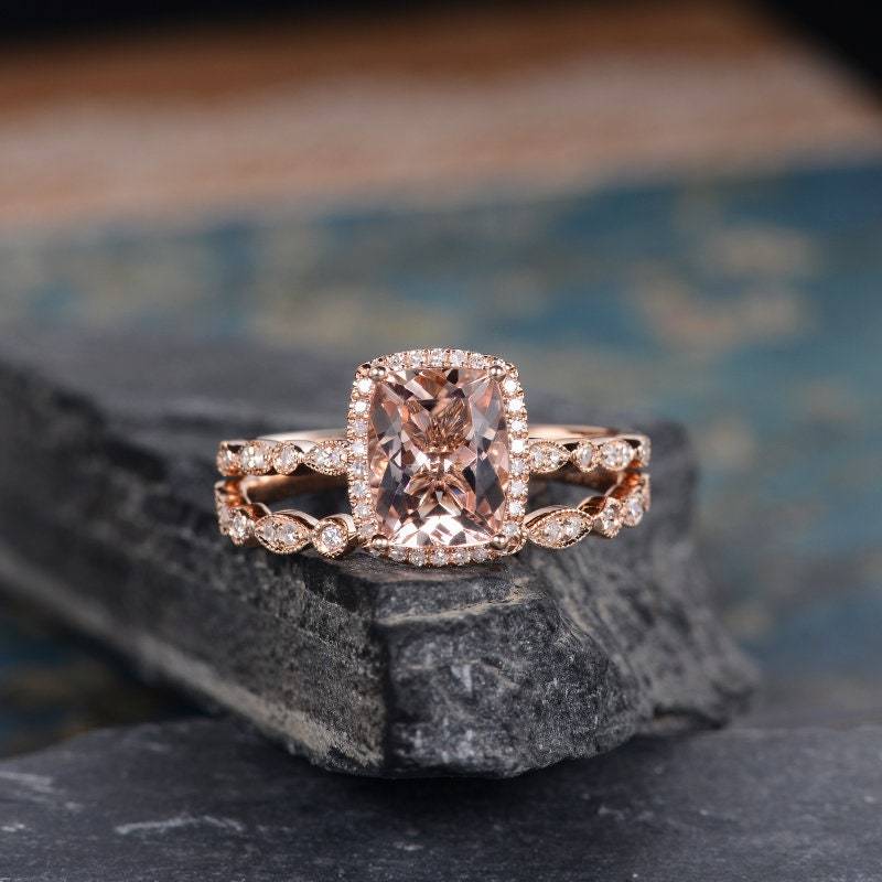 Kissenschliff Morganit Verlobungsring Rose Gold Offen Hochzeit Braut Set 7x9mm Art Deco Frauen Diamant Halbe Ewigkeit Antik Jahrestag Geschenk von SzekiStudio