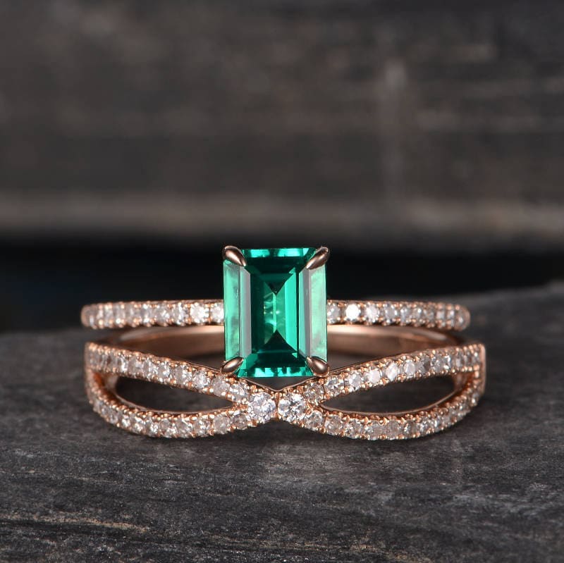Lab Smaragd Brautringe Trauring Rosegold Verlobungsring Set Diamant Halbe Ewigkeit Frauen Pave Filigran Passend Unendlichkeit Jubiläum von SzekiStudio