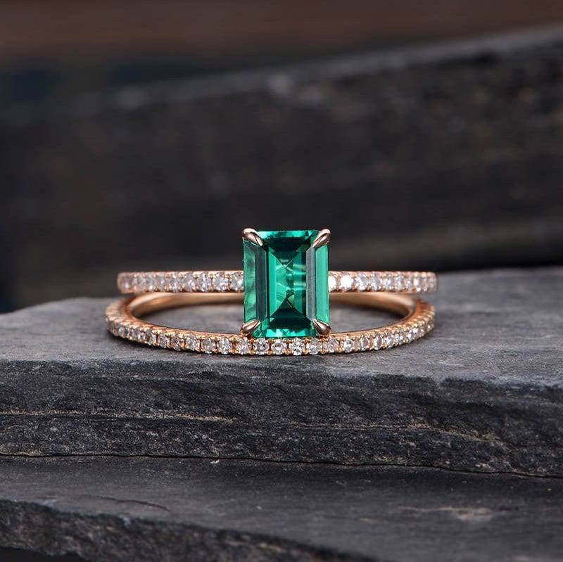 Lab Smaragd Verlobungsring Set Rosegold Brautringe Diamant Trauringe Geburtssteine Frauen Halbe Ewigkeit Pave Matching Promise Solitär von SzekiStudio