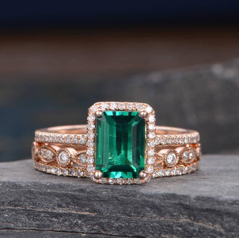Lab Smaragd Verlobungsringe Rosegold Trauringe Braut Set Diamant Stapelring Triplet Antik Geburtsstein März Jahrestag Frauen von SzekiStudio