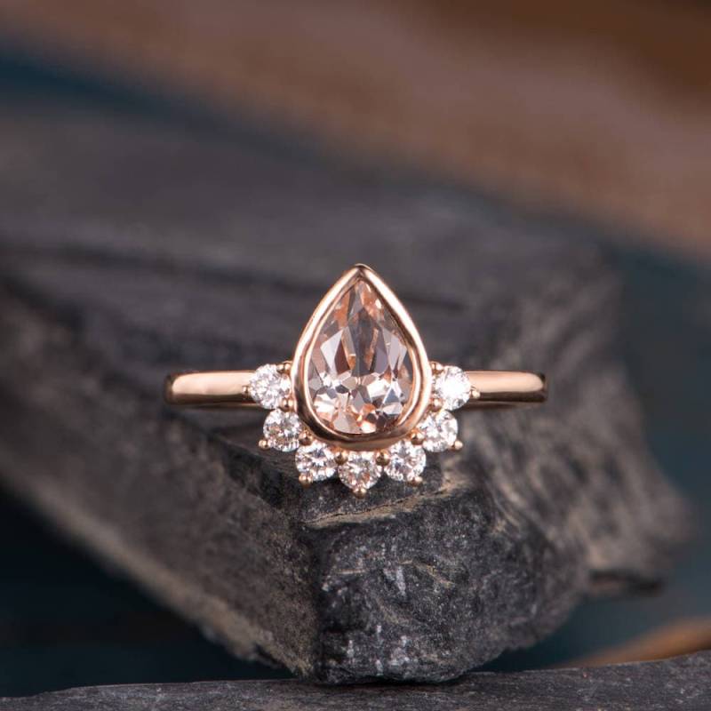 Morganit Verlobungsring Rose Gold Birne Förmiger Ring Braut Diamant Halo Frauen Antik Jahrestag Geschenk Halbe Ewigkeit Band Tropfen von SzekiStudio