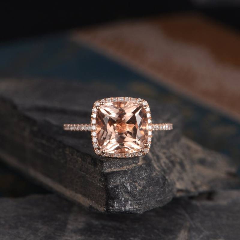 Morganit Verlobungsring Rosegold Diamant Kissenschliff Halo Halbe Ewigkeit Zarter Ring Frauen Braut Set Pave Jahrestag Geschenk Für Sie von SzekiStudio