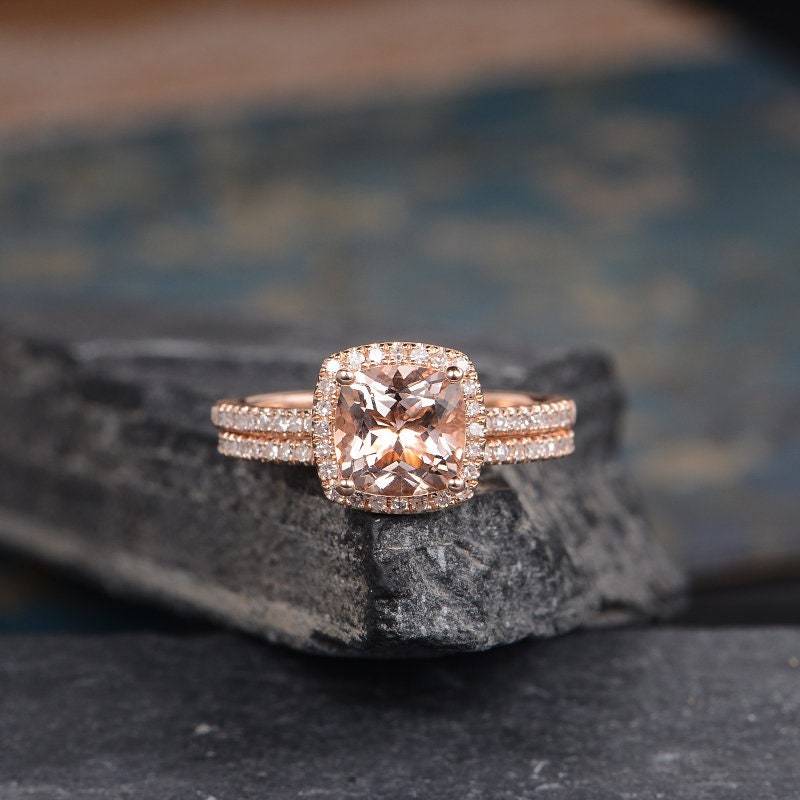 Morganit Verlobungsring Rosegold Kissen Schliff Ring Halo Diamond Eternity Hochzeit Band Jahrestag Geschenk Für Sie Frauen 2stk von SzekiStudio