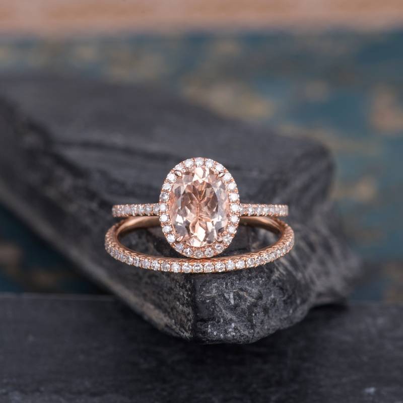 Morganit Verlobungsring Set Rose Gold Braut 2 Stück Halo Diamant Band Eternity Ehering Jubiläum Frauen Halb Ring von SzekiStudio