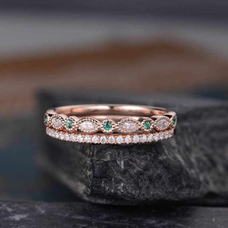 Natürlicher Smaragd Ehering Frauen Diamant Milgrain Marquise Art Deco Passendes Band Halbe Ewigkeit Braut Versprechen Ring Zierlicher Jahrestag von SzekiStudio