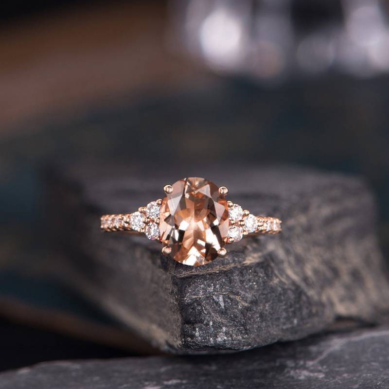 Oval Cut Morganit Verlobungsring Rose Gold Solitär Cluster Diamant Frauen Brautjubiläum Pave Handgemachter Ring Half Eternity von SzekiStudio