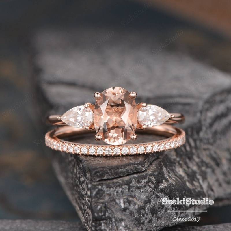 Oval Geschliffener Morganit Verlobungsring Rose Gold Birnenförmiger Moissanit Brauthochzeit Frauen Antik Ring Jahrestag Geschenk Für Sie Tropfen von SzekiStudio