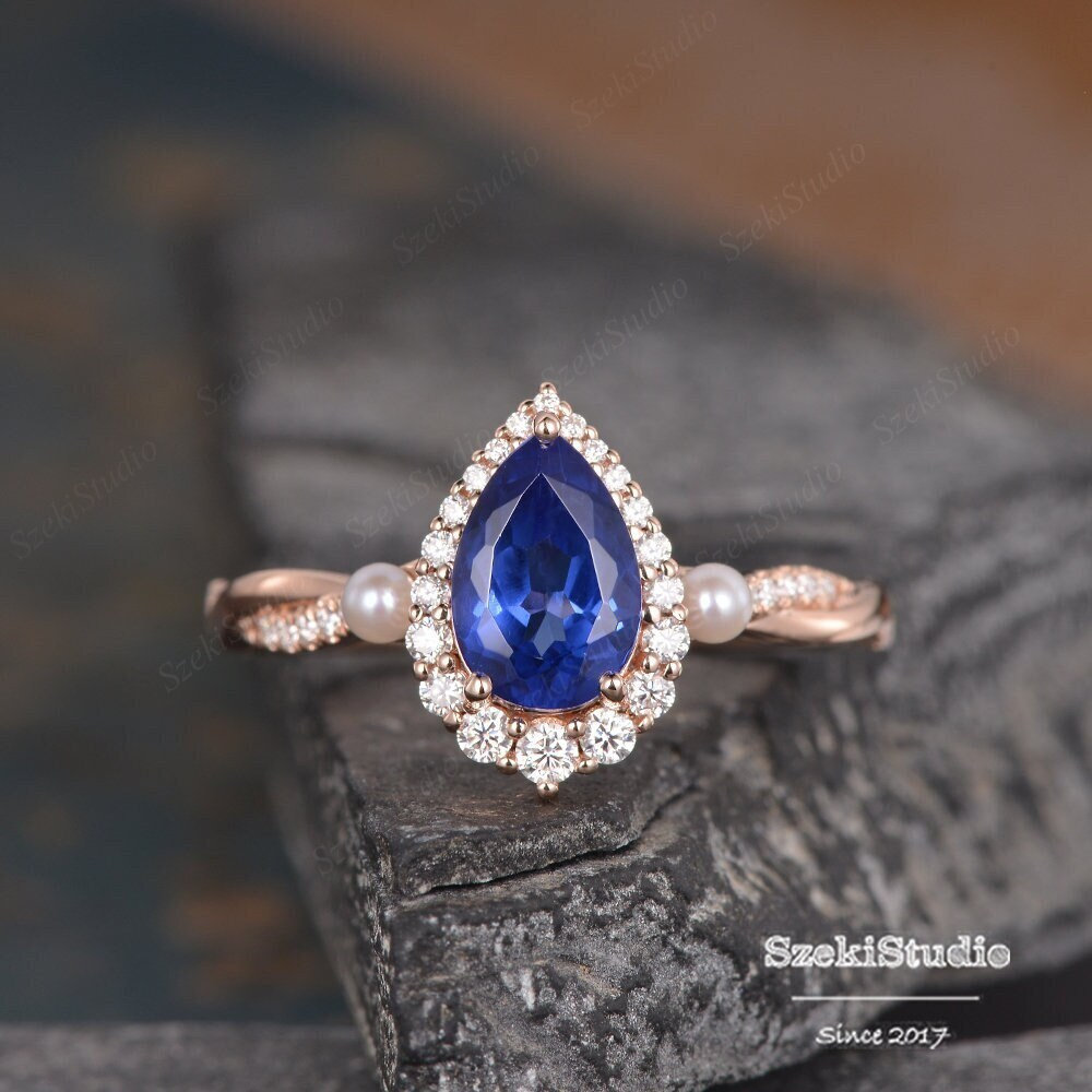 Perle Saphir Verlobungsring Rosegold Frauen Birnenförmige Kornblume Blau Lab Halo Infinity Diamant Hochzeit Schmuck Ring von SzekiStudio