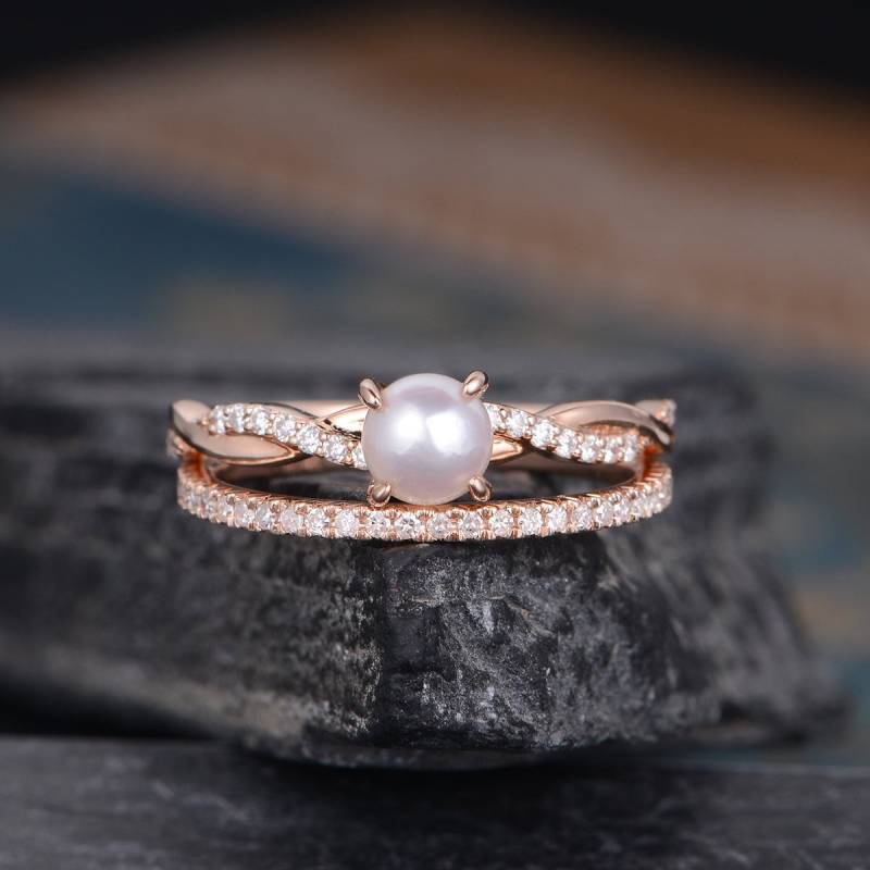 Perlen Verlobungsring Rosegold Infinity Diamant Band Solitär Juni Geburtsstein Eternity Matching 2 Ringe Set Milgrain Frauen Braut von SzekiStudio