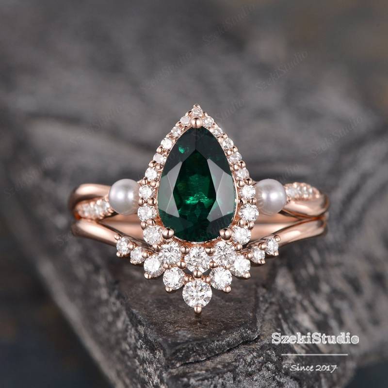 Perlmutt Smaragd Verlobungsring Set Rosegold Frauen Lab Braut Halo Infinity Diamant Ehering Schmuck 2 Ringe von SzekiStudio