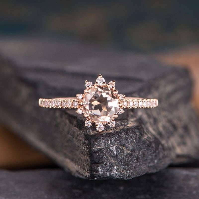 Rose Gold Morganit Verlobungsring Diamant Halo Antik Ring Rund Geschnitten Halbe Ewigkeit Versprechen Frauen Braut Hochzeit Valentinstag Geschenk von SzekiStudio