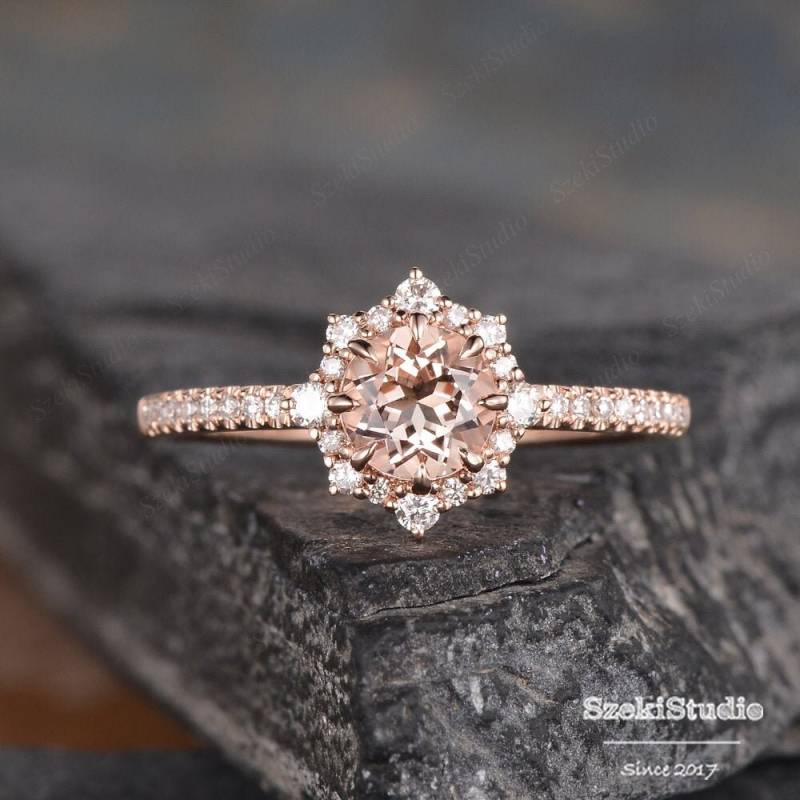Rose Gold Morganit Verlobungsring Diamant Halo Antik Ring Rund Geschnitten Halbe Ewigkeit Versprechen Frauen Braut Hochzeit Valentinstag Geschenk von SzekiStudio