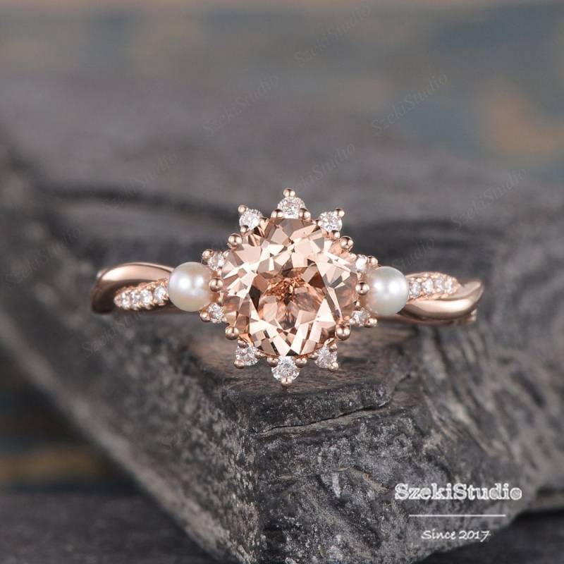 Rose Gold Morganit Verlobungsring Infinity Ehering Akoya Perle Birthstone Juni Brautring Diamant Frauen Jahrestagsgeschenk Für Sie von SzekiStudio