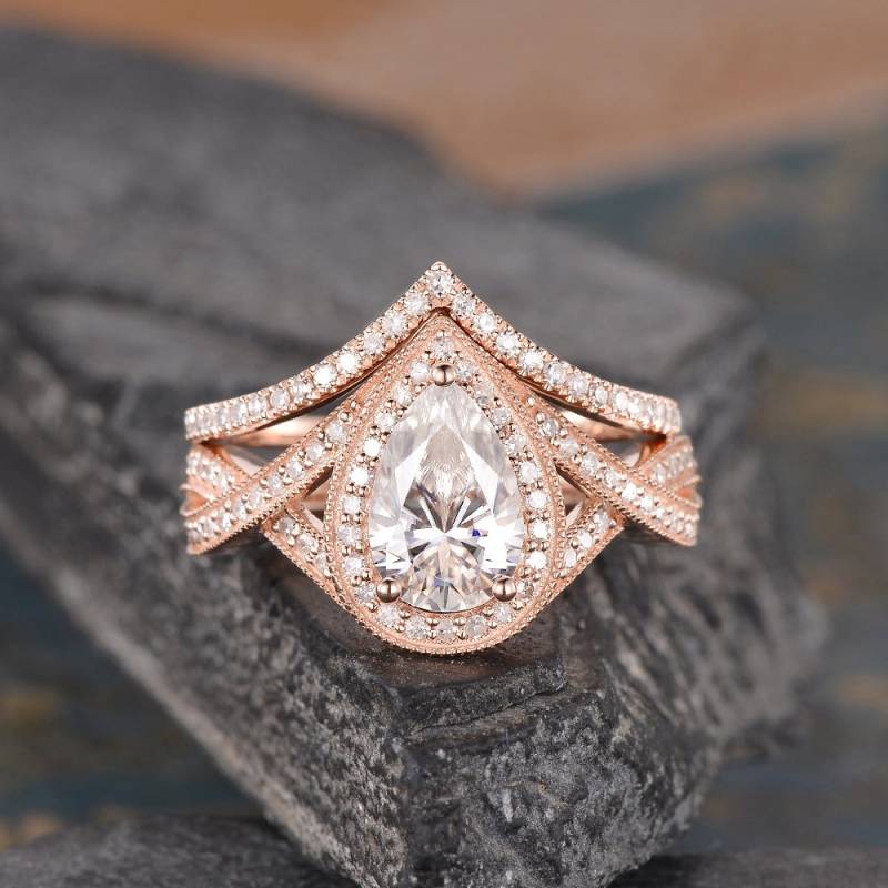 Rose Gold Moissanite Verlobungsring 6x9 Mm Ring Unendlich Halo Versprechen Frauen Braut Set Hochzeit Jahrestag Geschenk Milgrain von SzekiStudio