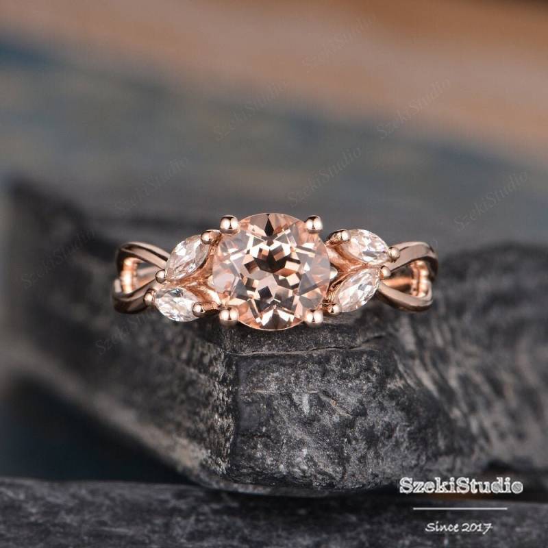 Rose Gold Verlobungsring Morganit Ring Marquise Moissanite Blatt Vine Floral Blume Infinity Split Shank Band Brautjubiläum Frauen von SzekiStudio