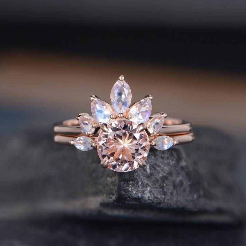 Rund Geschliffener Morganit Verlobungsring Rosegold Mondstein Ehering Solitär Marquise Form Braut Hochzeit 2stk von SzekiStudio