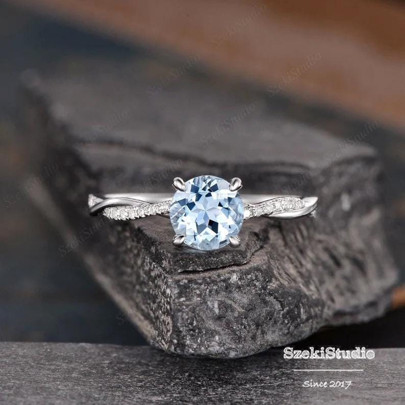 Unendlich Aquamarin Verlobungsring Rosegold Rundschliff Solitärring Diamant Halb Eternity Ring Braut Frauen Versprechen Jahrestag von SzekiStudio