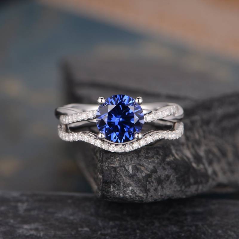 Weißgold Lab Sapphire Verlobungsring Braut Set Solitär Infinity Band Frauen September Birthstone Matching 2 Ring Jubiläumsgeschenk von SzekiStudio